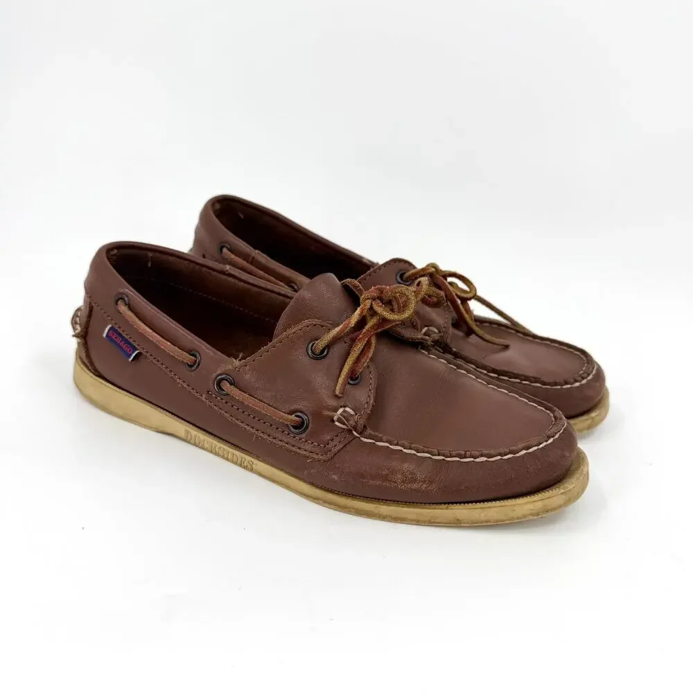 Sebago Docksides Brown Genuine Leather Womens Boat Shoes